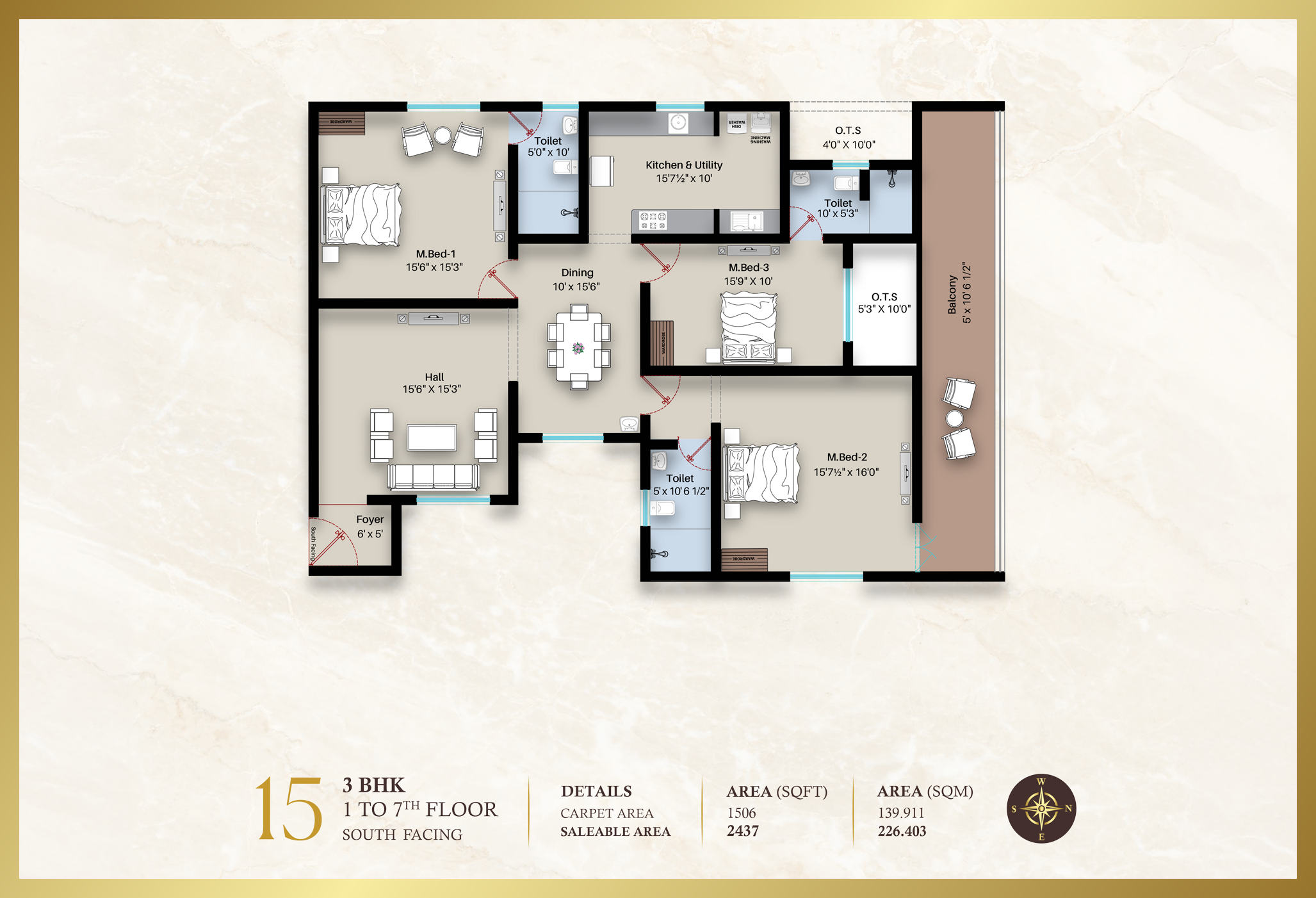 Diora Apartment 3BHK East facing floor plan 1956 sq-ft